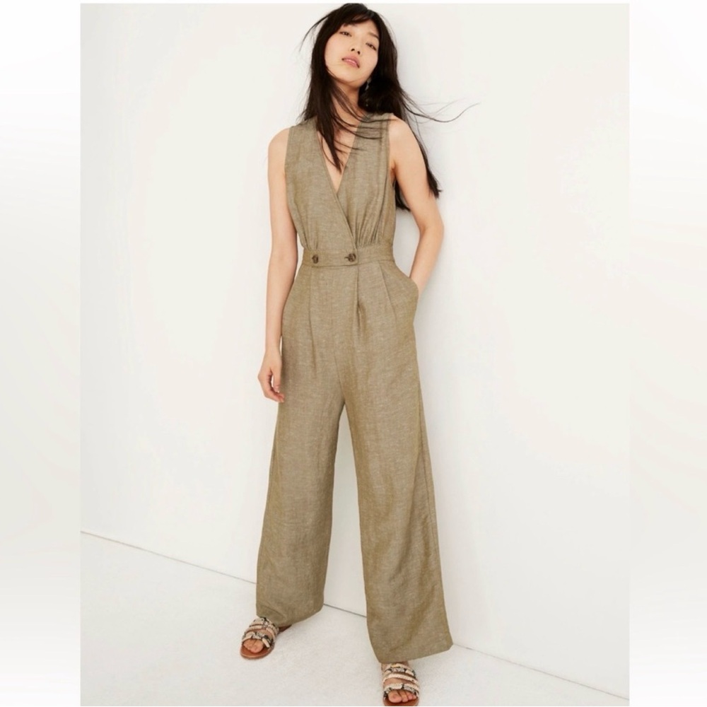Madewell Olive Linen Wide Leg Jumpsuit NWOT Size 4